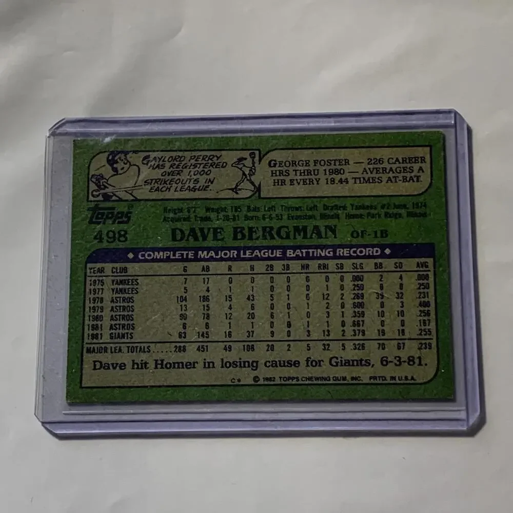1982 Topps Dave Bergman‎ San Francisco Giants Baseball Card #498
